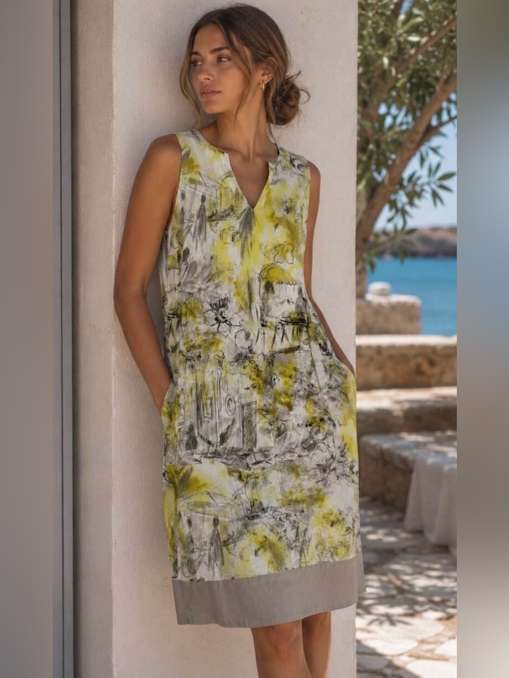 Piazza Sempione Yellow Sketch Screen Print Shift Dress IT Sz 42